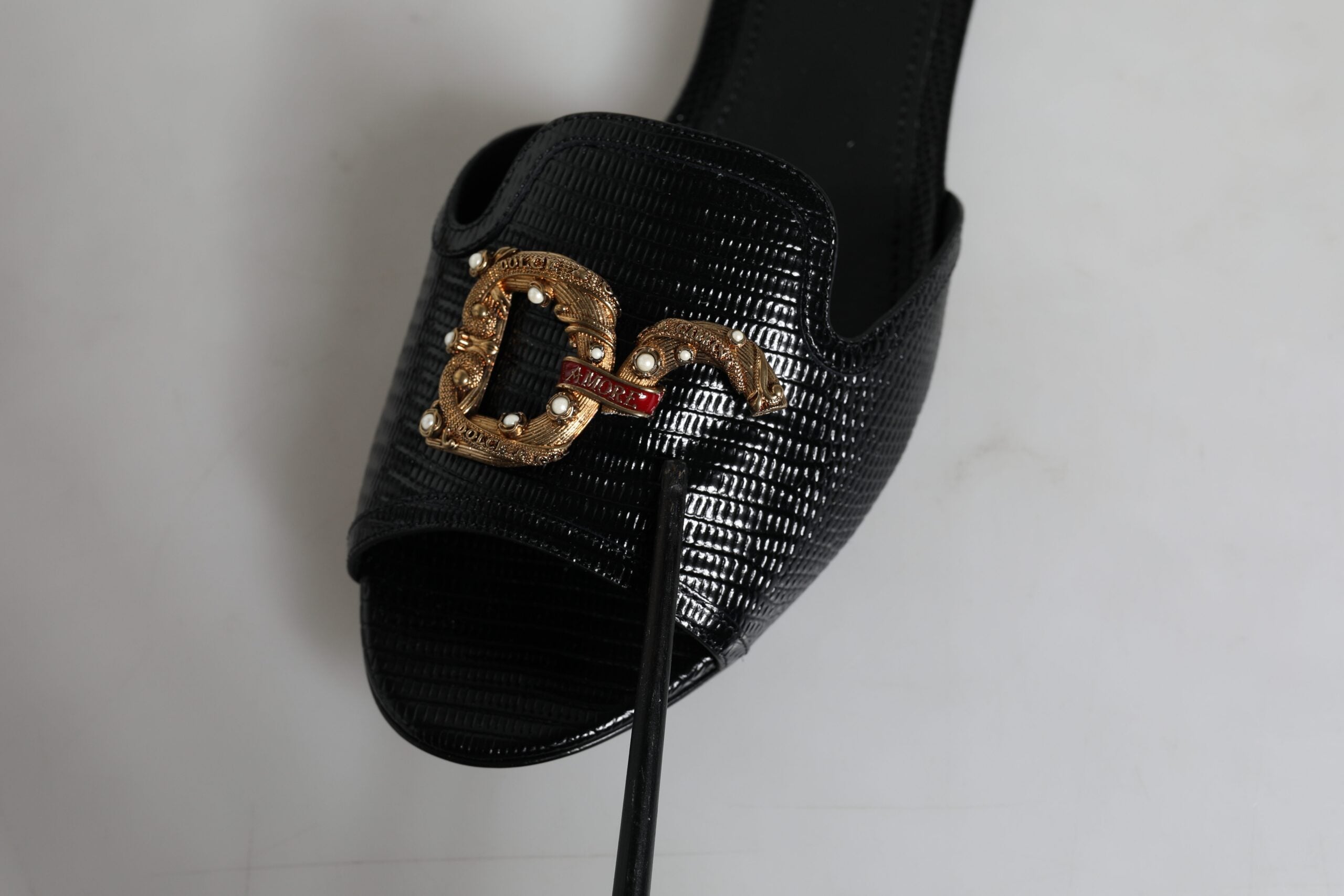 Dolce &amp; Gabbana Black DG Amore Leather Slip On Flats Shoes