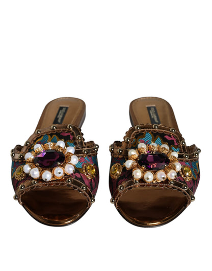 Dolce &amp; Gabbana Multicolor Jacquard Embellished Slides Flats Shoes