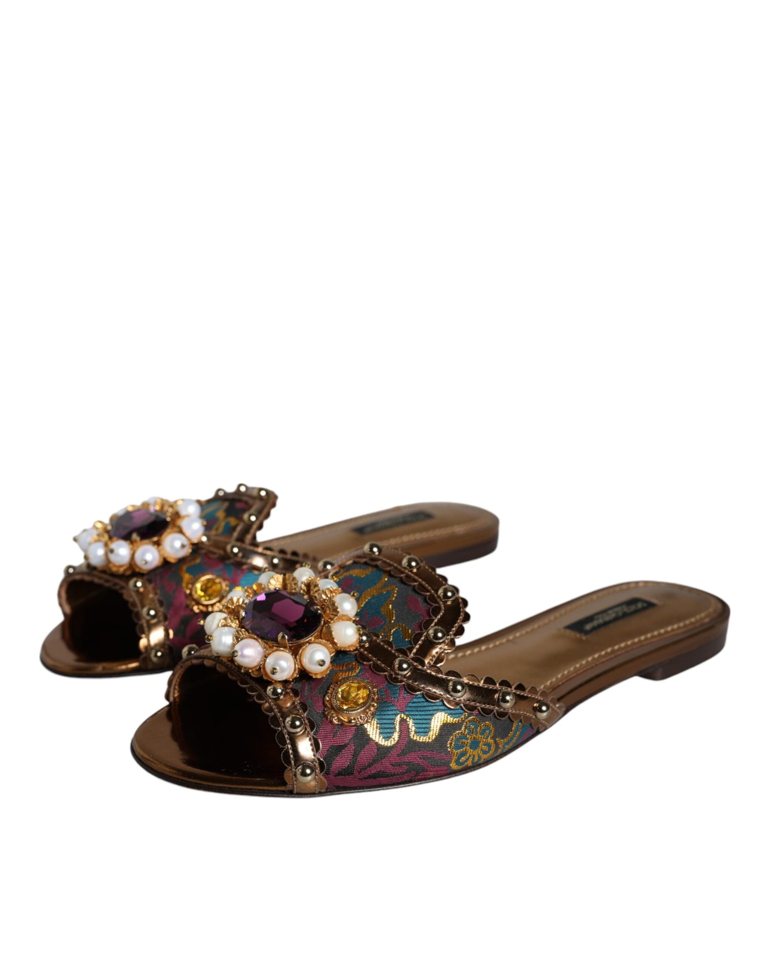 Dolce &amp; Gabbana Multicolor Jacquard Embellished Slides Flats Shoes