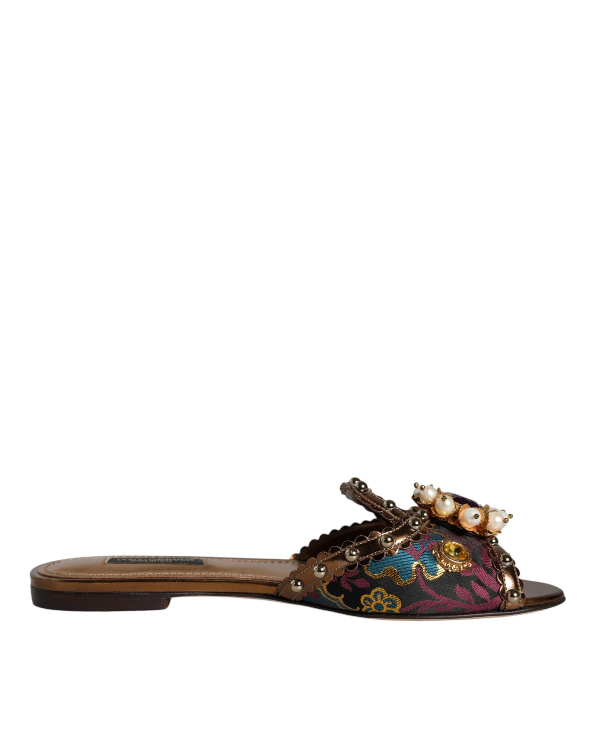 Dolce &amp; Gabbana Multicolor Jacquard Embellished Slides Flats Shoes