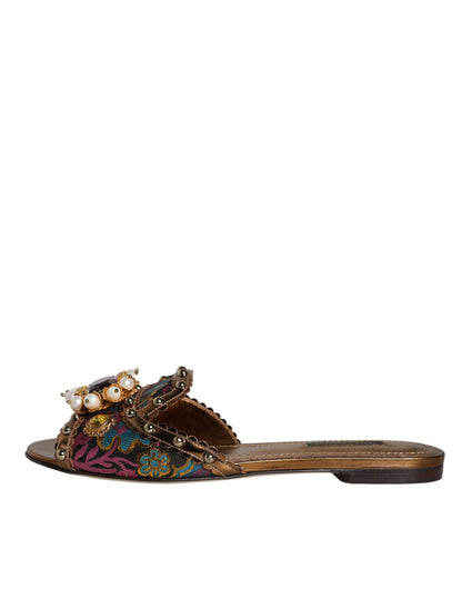 Dolce &amp; Gabbana Multicolor Jacquard Embellished Slides Flats Shoes