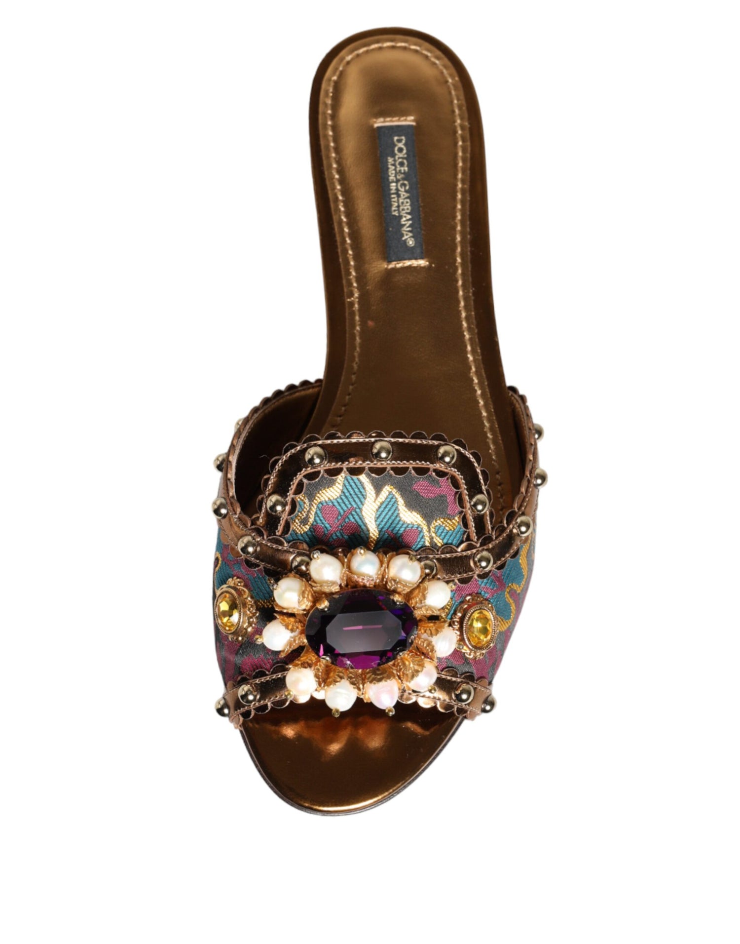 Dolce &amp; Gabbana Multicolor Jacquard Embellished Slides Flats Shoes