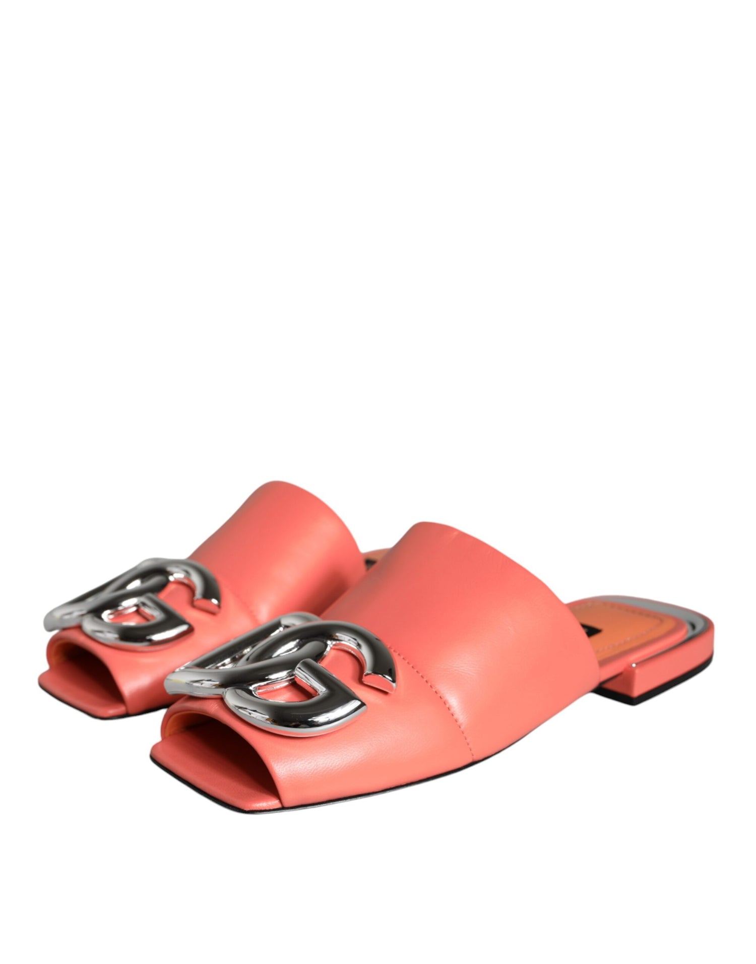 Dolce &amp; Gabbana Pink Salmon Leather Flat Slides Sandals Shoes