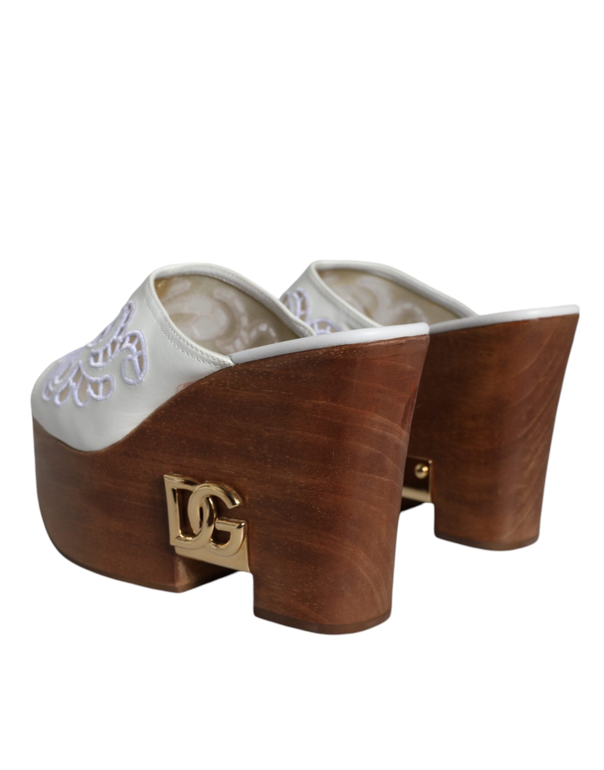 Dolce &amp; Gabbana White Leather Wood Mules Wedge Slides Shoes