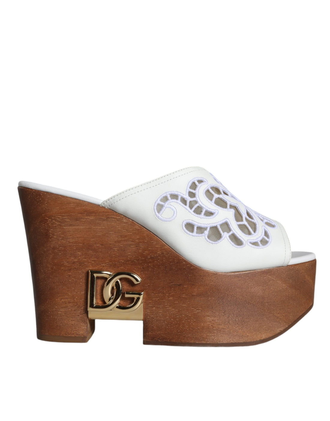 Dolce &amp; Gabbana White Leather Wood Mules Wedge Slides Shoes