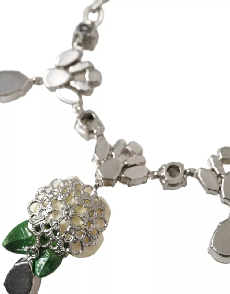 Dolce &amp; Gabbana Silver Brass Clear Crystal Roses Pendants Necklace