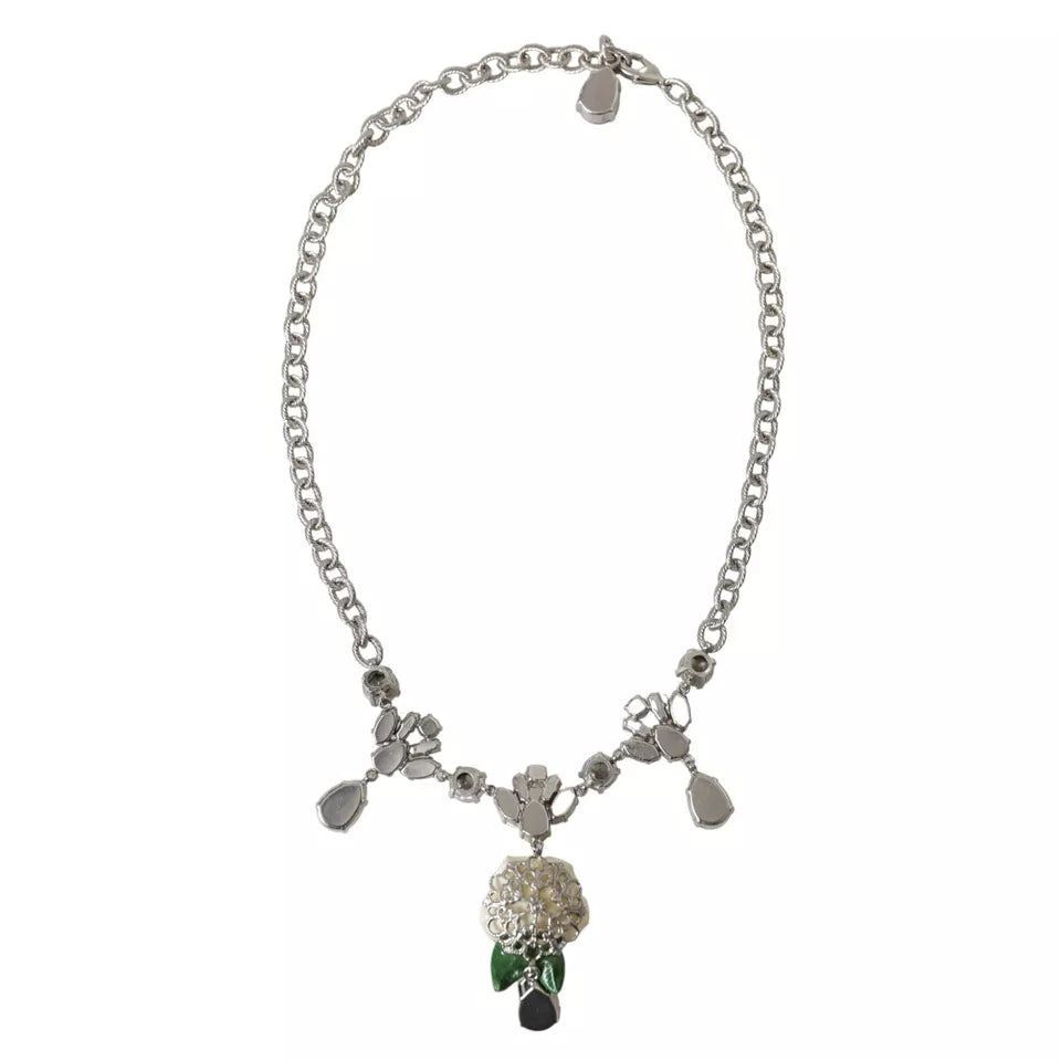 Dolce &amp; Gabbana Silver Brass Clear Crystal Roses Pendants Necklace