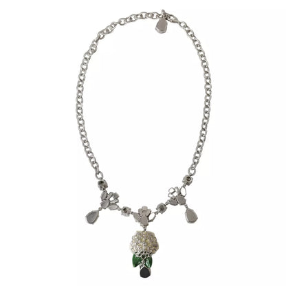 Dolce &amp; Gabbana Silver Brass Clear Crystal Roses Pendants Necklace