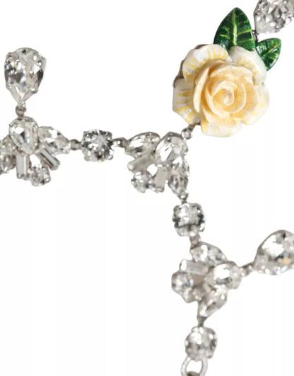 Dolce &amp; Gabbana Silver Brass Clear Crystal Roses Pendants Necklace