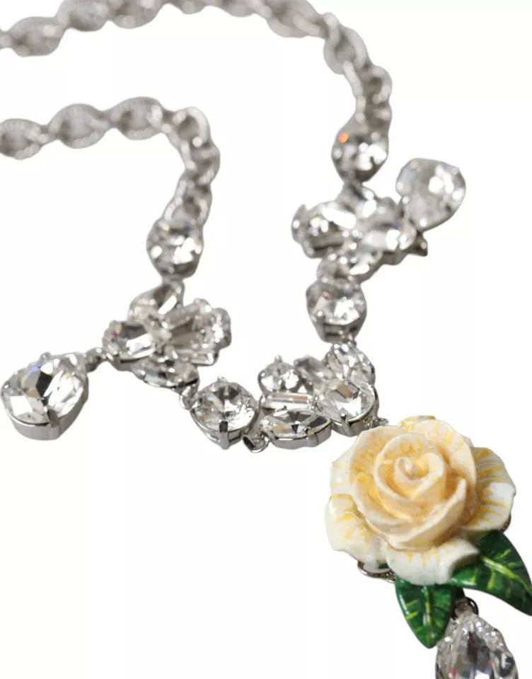 Dolce &amp; Gabbana Silver Brass Clear Crystal Roses Pendants Necklace