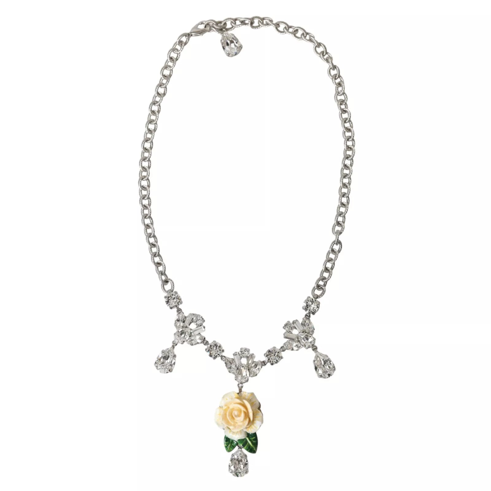 Dolce &amp; Gabbana Silver Brass Clear Crystal Roses Pendants Necklace