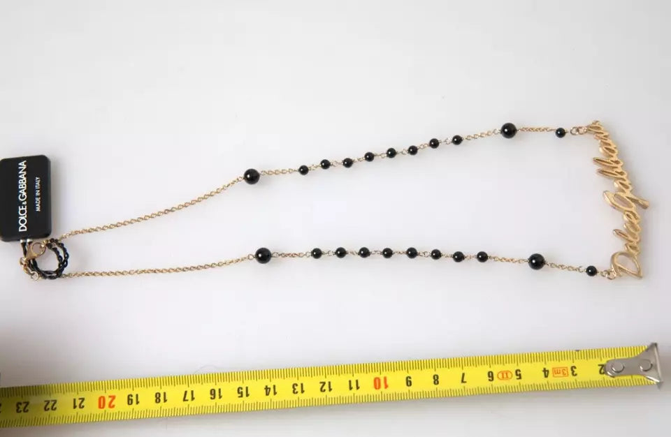 Dolce &amp; Gabbana Gold Sterling Silver 925 Black Beaded Rosary Chain Necklace