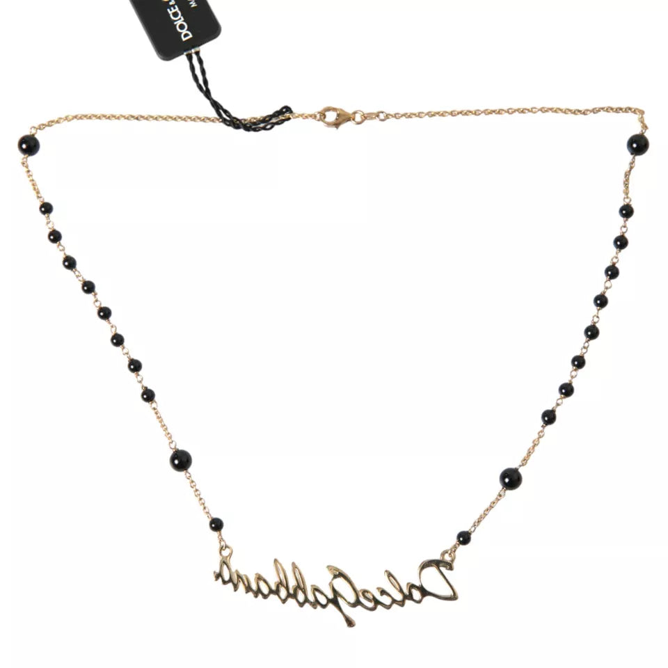 Dolce &amp; Gabbana Gold Sterling Silver 925 Black Beaded Rosary Chain Necklace