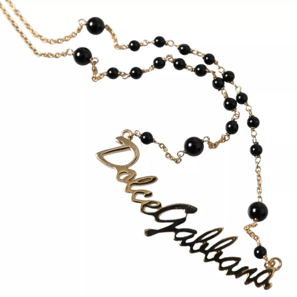 Dolce &amp; Gabbana Gold Sterling Silver 925 Black Beaded Rosary Chain Necklace