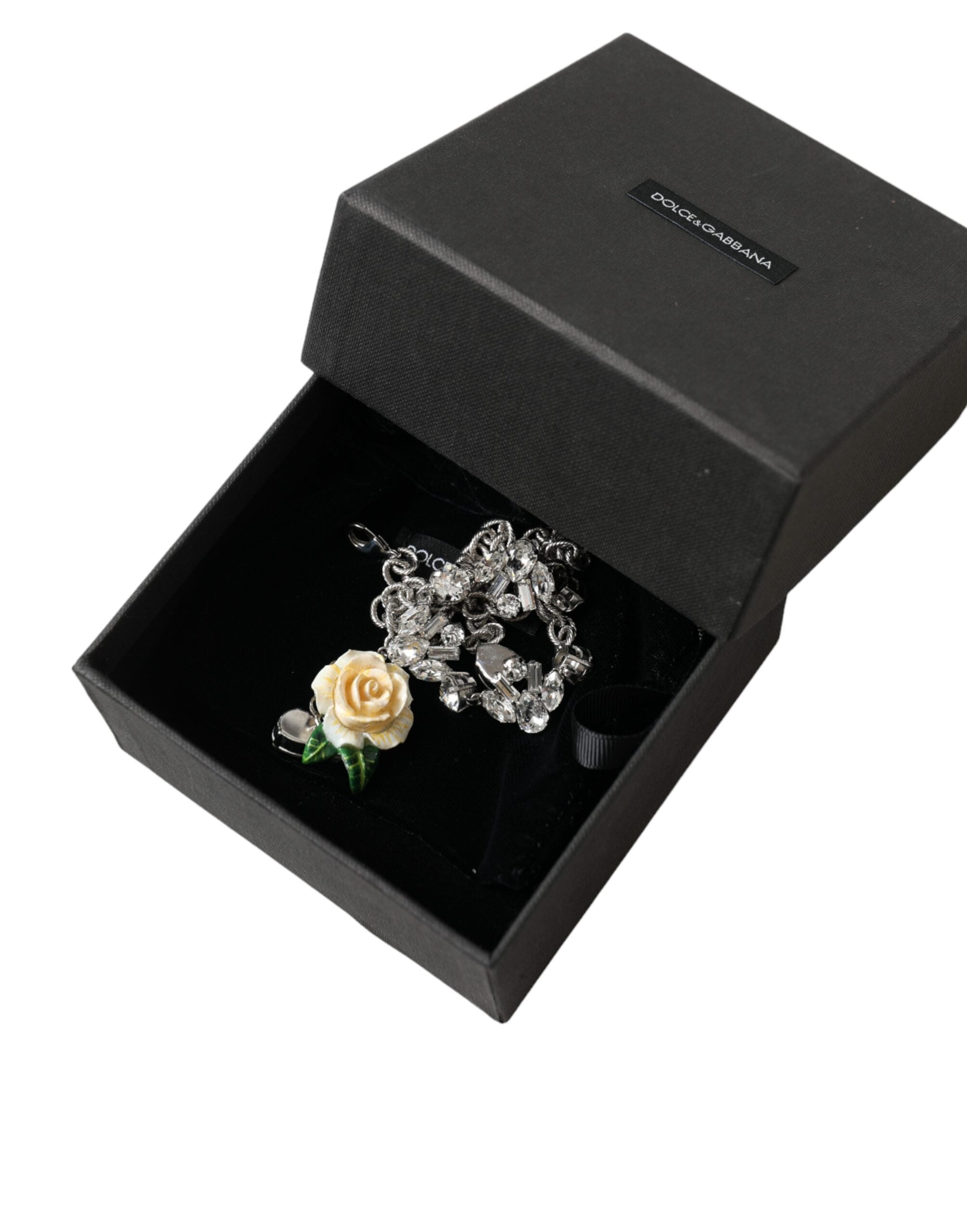 Dolce &amp; Gabbana Silver Brass Clear Crystal Roses Pendants Necklace