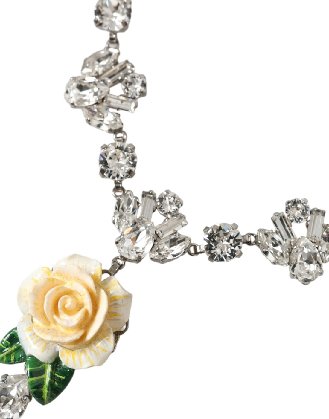 Dolce &amp; Gabbana Silver Brass Clear Crystal Roses Pendants Necklace