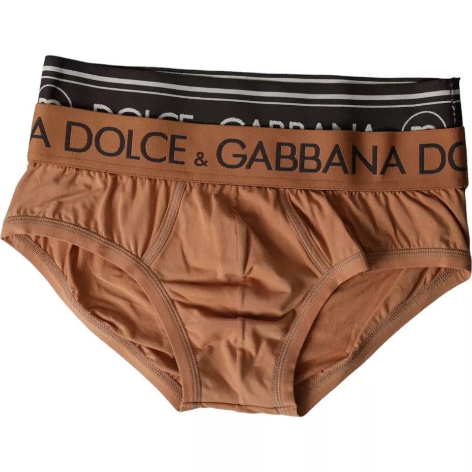 Dolce &amp; Gabbana Brown Black Logo Cotton Stretch Mid Slip Underwear