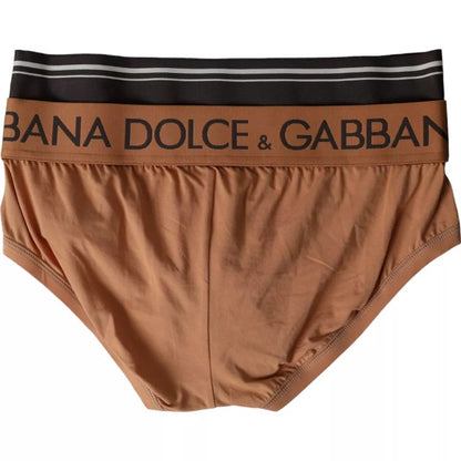 Dolce &amp; Gabbana Brown Black Logo Cotton Stretch Mid Slip Underwear