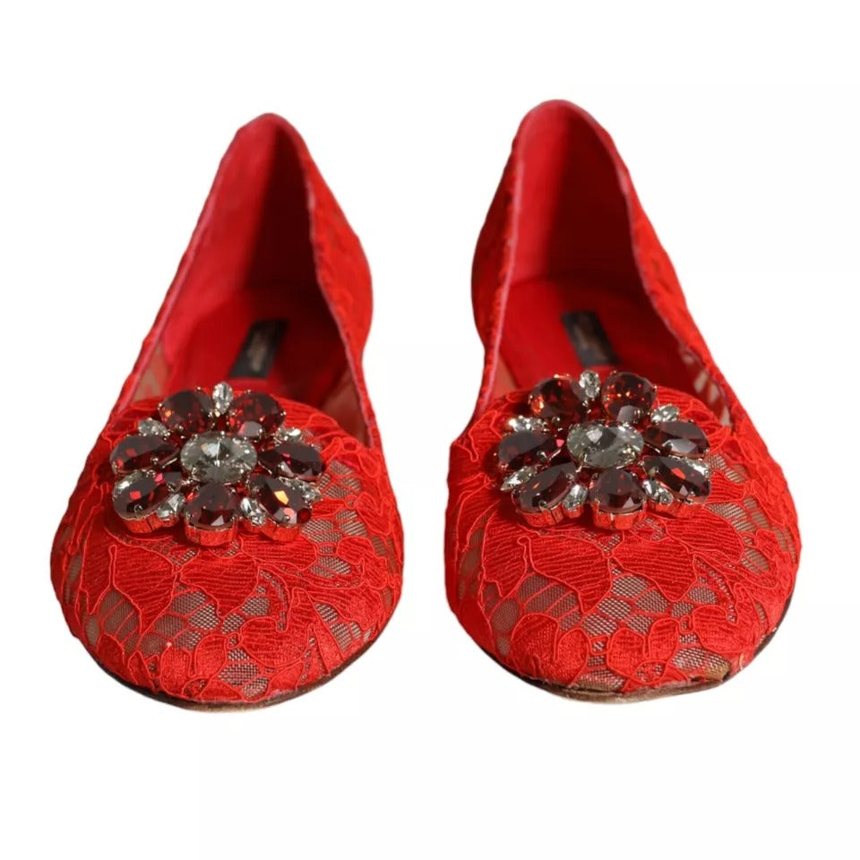 Dolce &amp; Gabbana Red Lace Crystal Ballet Flats Loafers Shoes