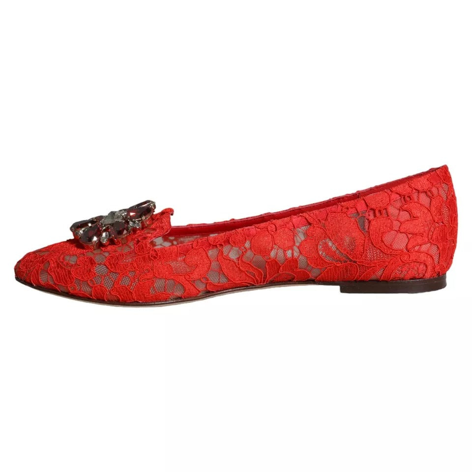 Dolce &amp; Gabbana Red Lace Crystal Ballet Flats Loafers Shoes