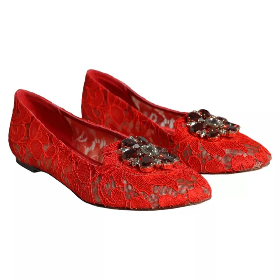 Dolce &amp; Gabbana Red Lace Crystal Ballet Flats Loafers Shoes