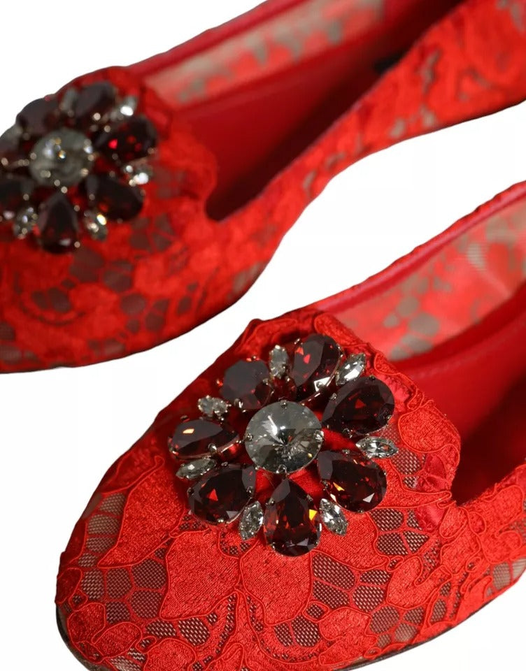 Dolce &amp; Gabbana Red Lace Crystal Ballet Flats Loafers Shoes