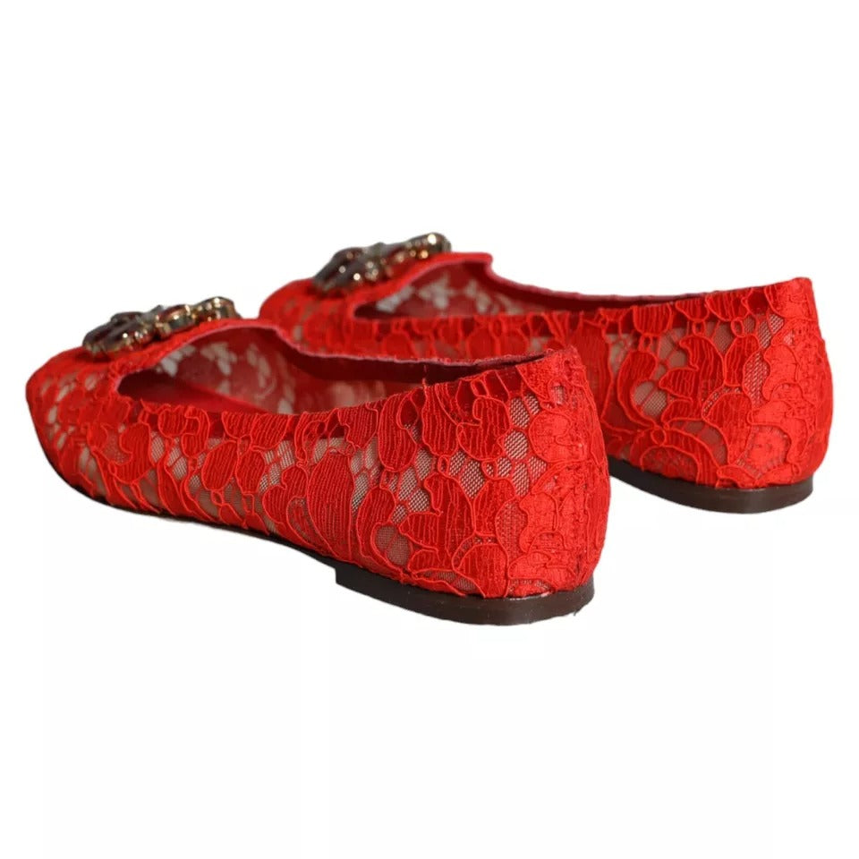 Dolce &amp; Gabbana Red Lace Crystal Ballet Flats Loafers Shoes