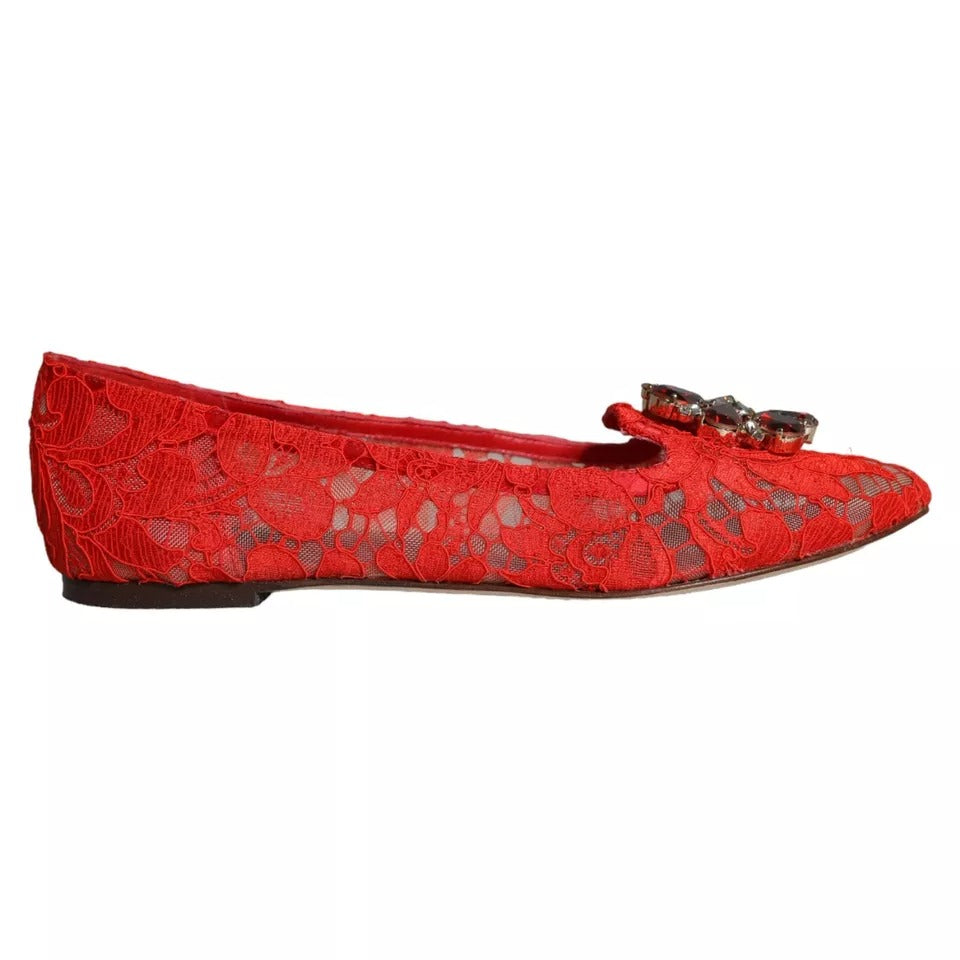 Dolce &amp; Gabbana Red Lace Crystal Ballet Flats Loafers Shoes