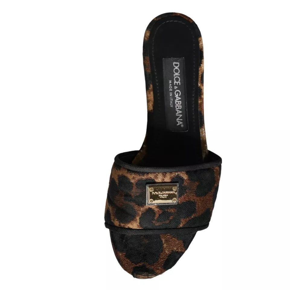 Dolce &amp; Gabbana Brown Leopard Logo Slides Flats Sandals Shoes