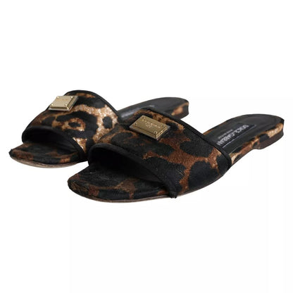 Dolce &amp; Gabbana Brown Leopard Logo Slides Flats Sandals Shoes