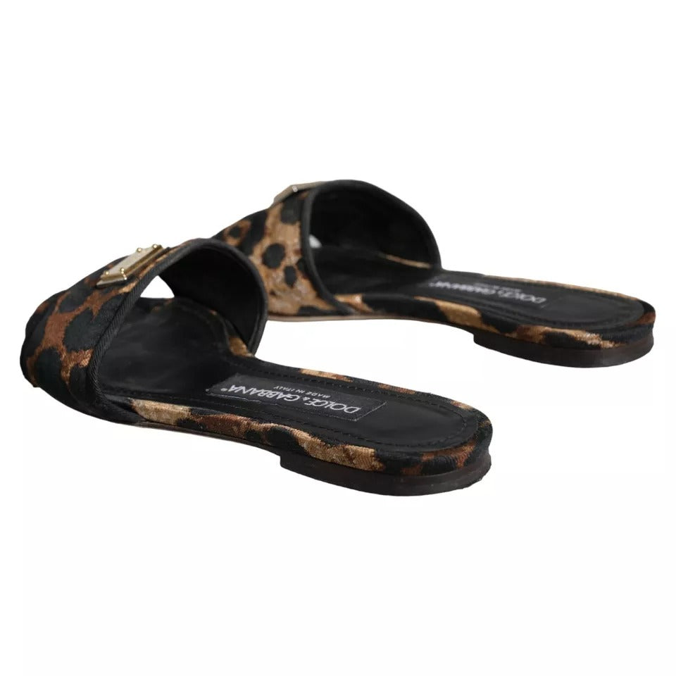 Dolce &amp; Gabbana Brown Leopard Logo Slides Flats Sandals Shoes