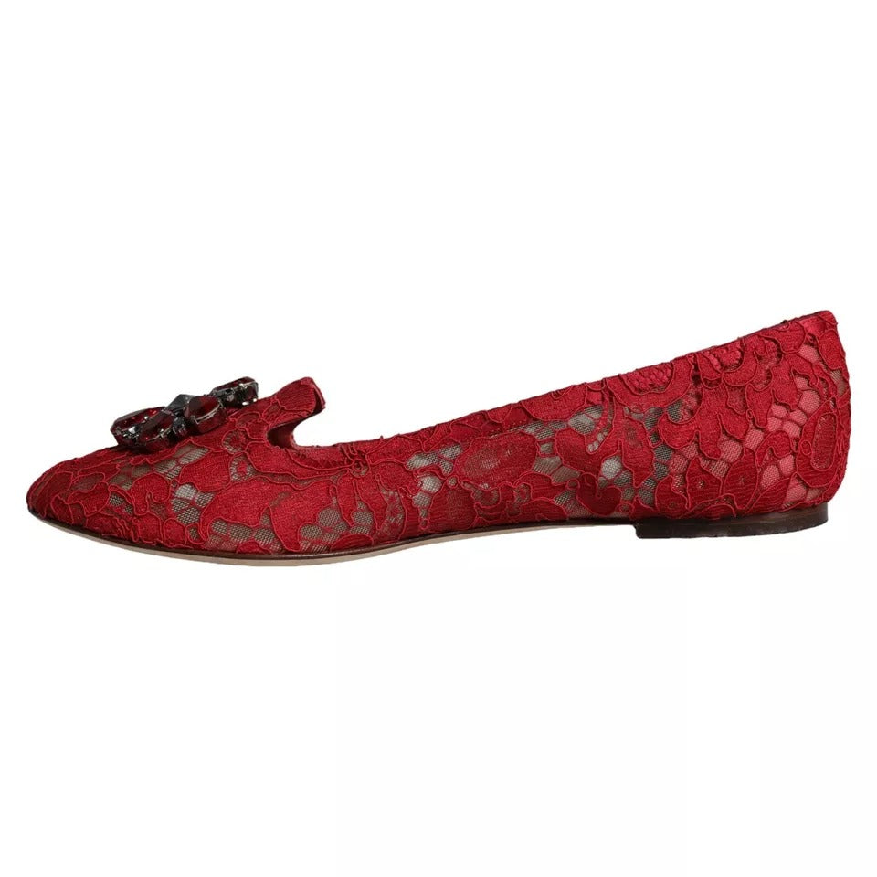 Dolce &amp; Gabbana Red Lace Crystal Ballet Flats Loafers Shoes