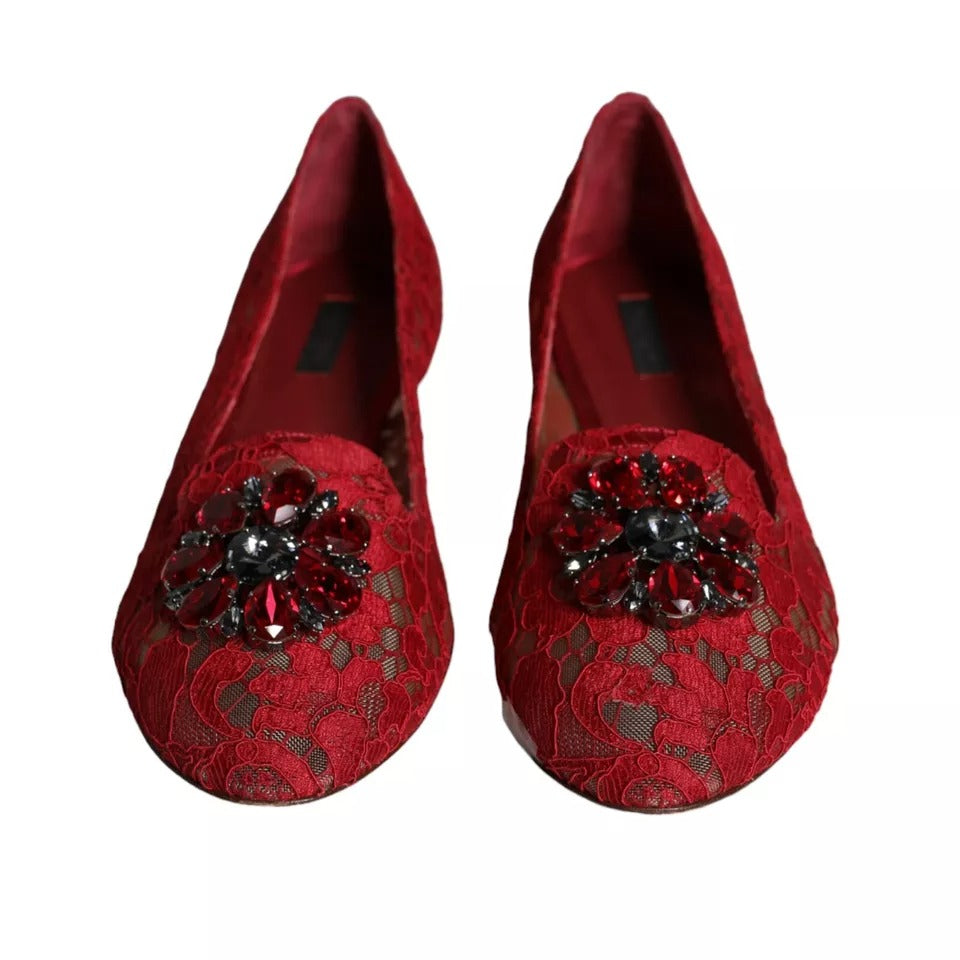 Dolce &amp; Gabbana Red Lace Crystal Ballet Flats Loafers Shoes