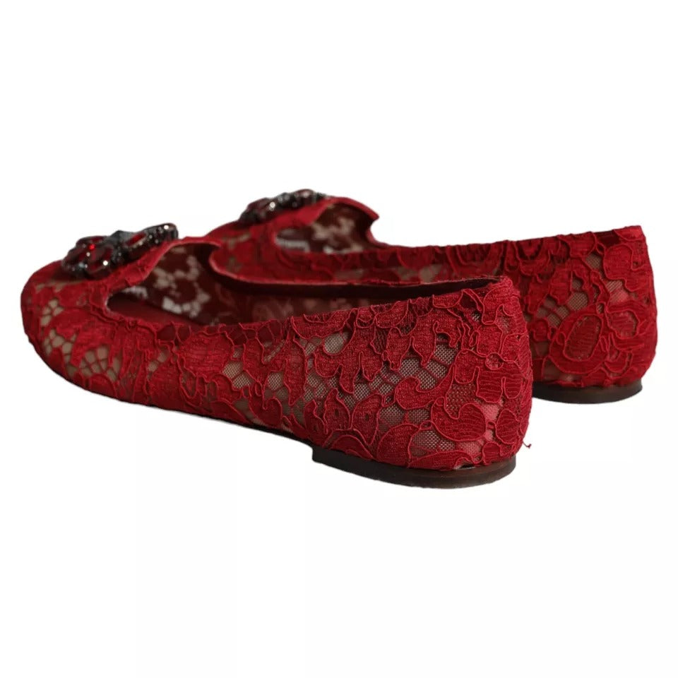 Dolce &amp; Gabbana Red Lace Crystal Ballet Flats Loafers Shoes