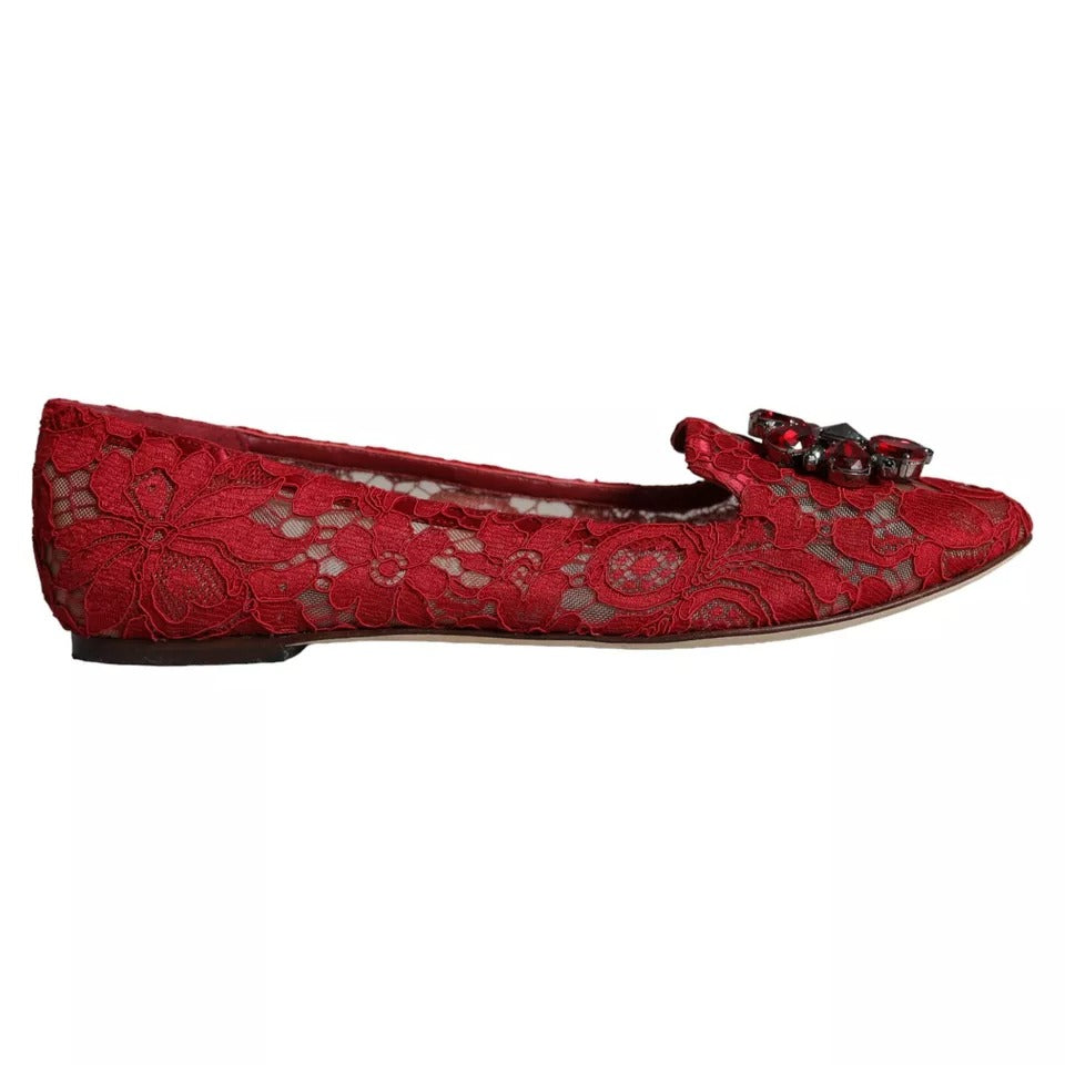 Dolce &amp; Gabbana Red Lace Crystal Ballet Flats Loafers Shoes