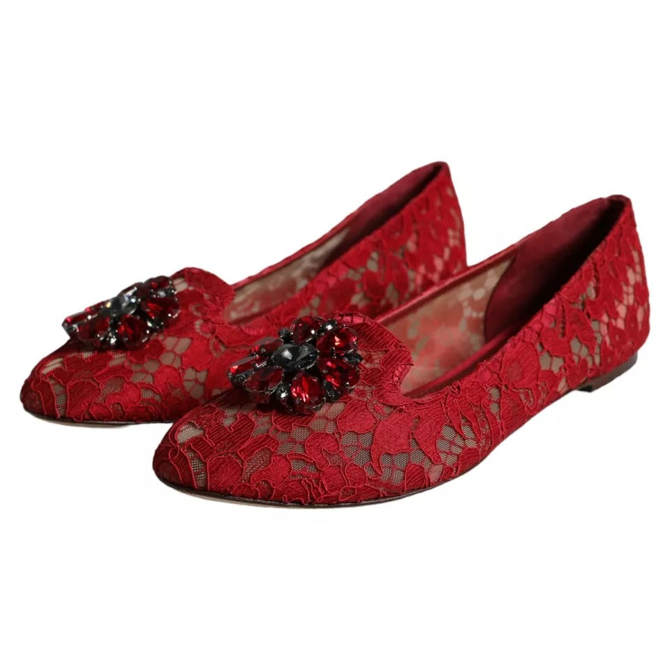 Dolce &amp; Gabbana Red Lace Crystal Ballet Flats Loafers Shoes