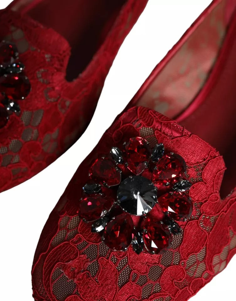 Dolce &amp; Gabbana Red Lace Crystal Ballet Flats Loafers Shoes