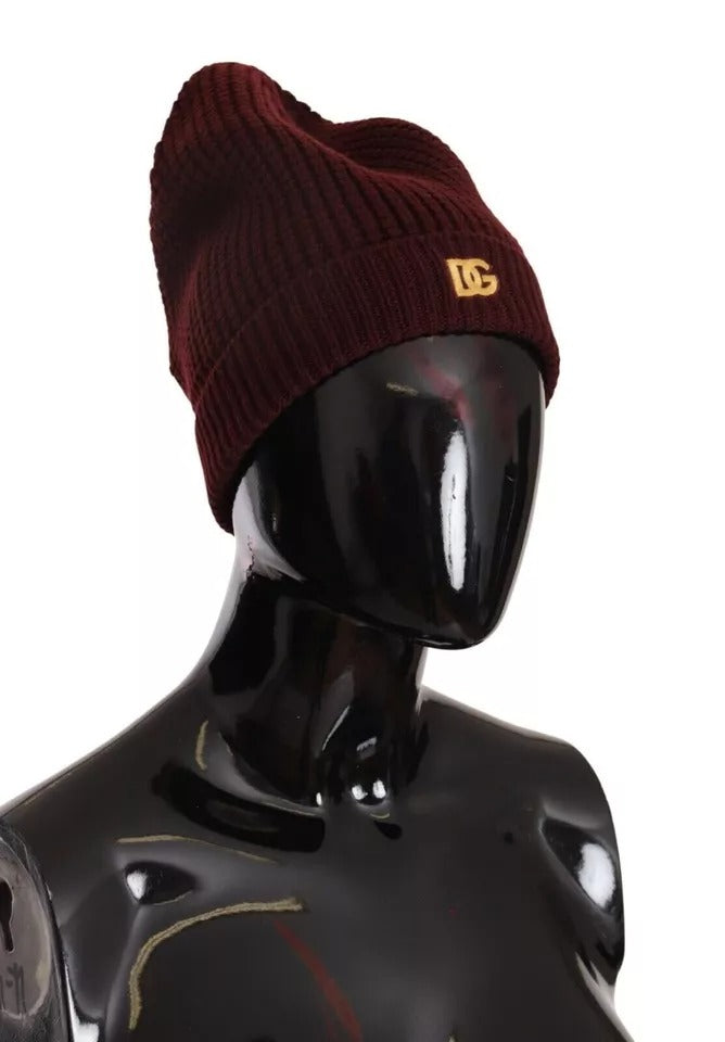 Dolce &amp; Gabbana Dark Red Wool Knit Women Logo Beanie Cap Hat