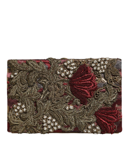 Dolce &amp; Gabbana Maroon Gold Floral Jacquard Gold Frame Clutch Evening Purse Bag