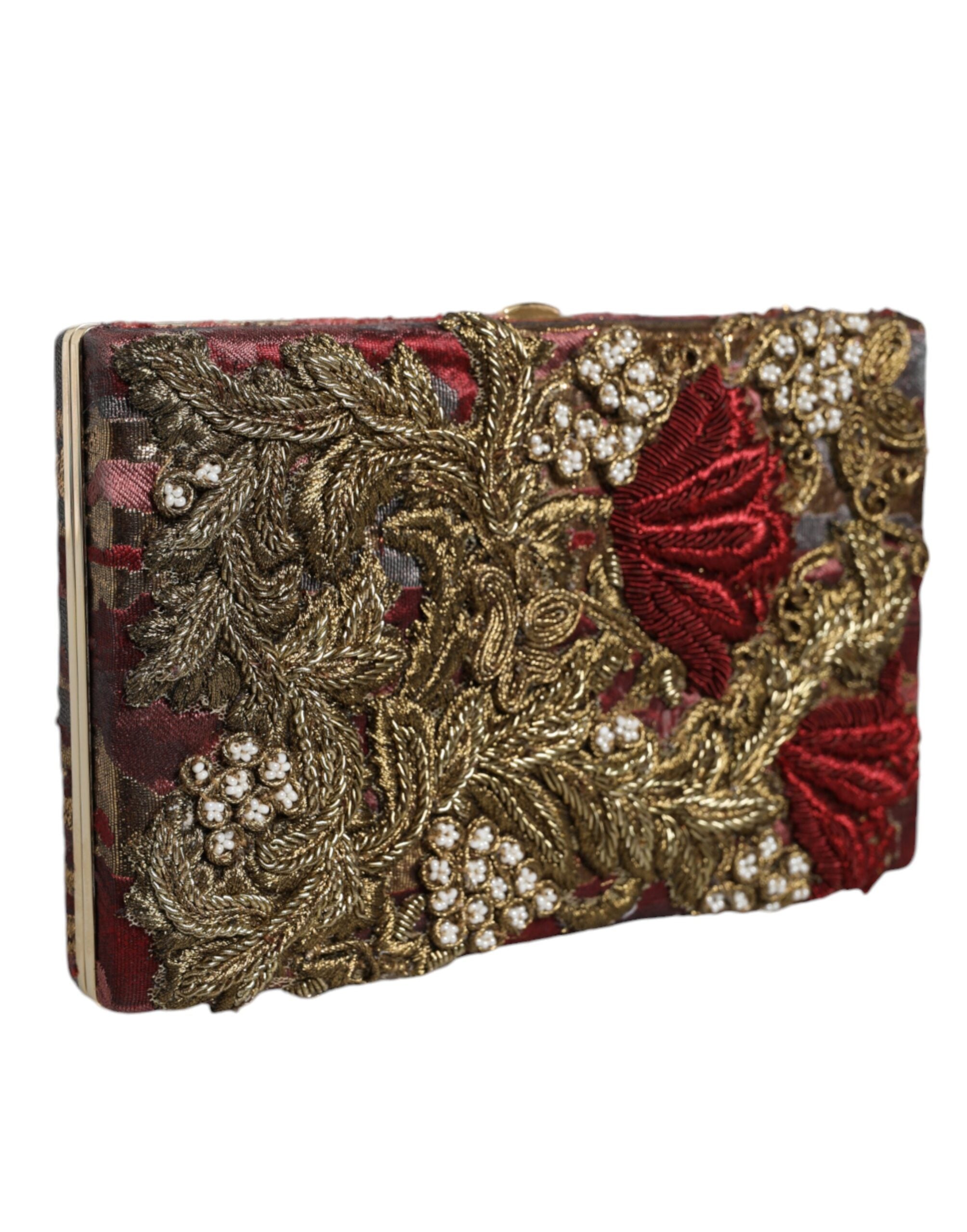 Dolce &amp; Gabbana Maroon Gold Floral Jacquard Gold Frame Clutch Evening Purse Bag