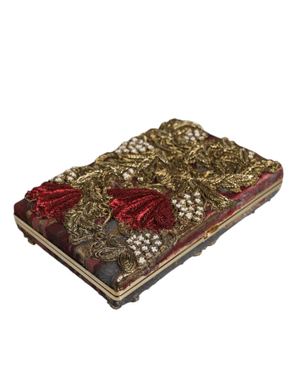 Dolce &amp; Gabbana Maroon Gold Floral Jacquard Gold Frame Clutch Evening Purse Bag