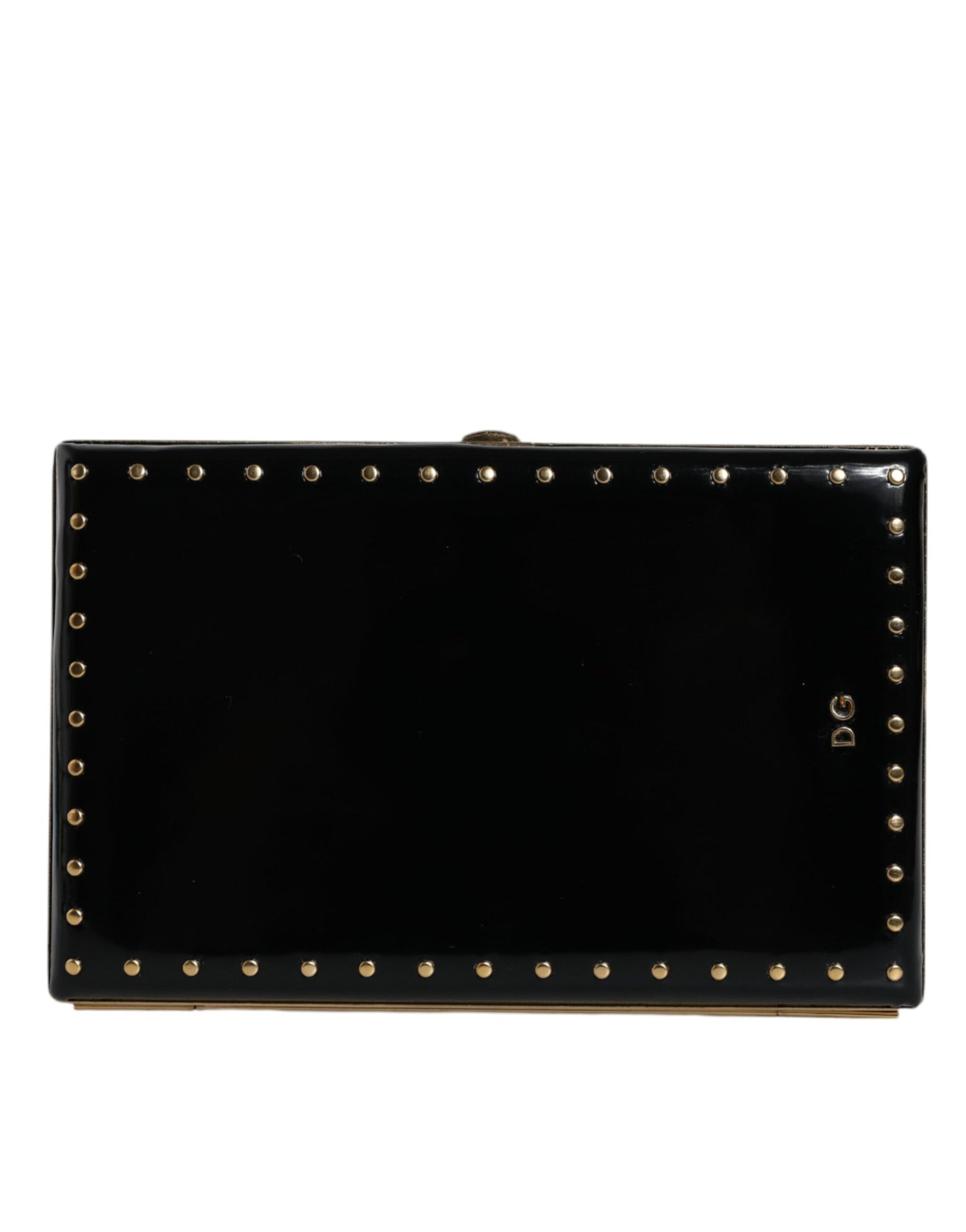 Dolce &amp; Gabbana Black Leather Studs Gold Frame Clutch Evening Purse Bag