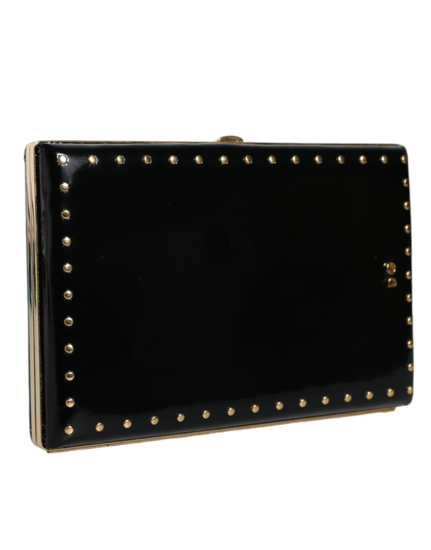 Dolce &amp; Gabbana Black Leather Studs Gold Frame Clutch Evening Purse Bag