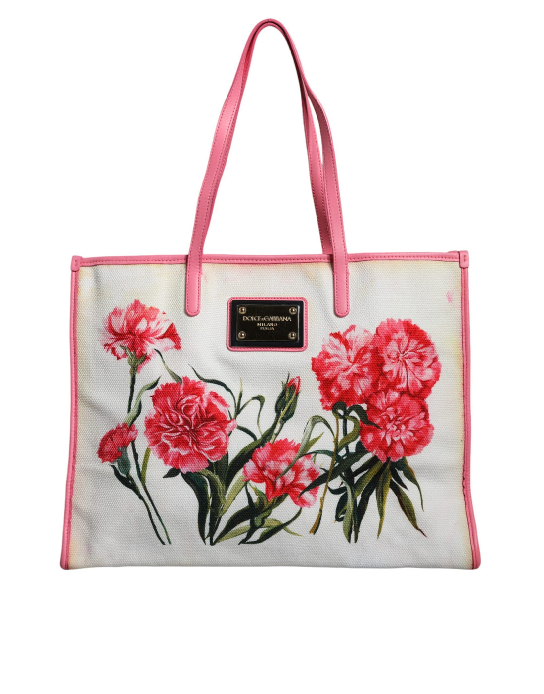 Dolce &amp; Gabbana White Canvas Rose Embroidery Women Shopping Tote Bag