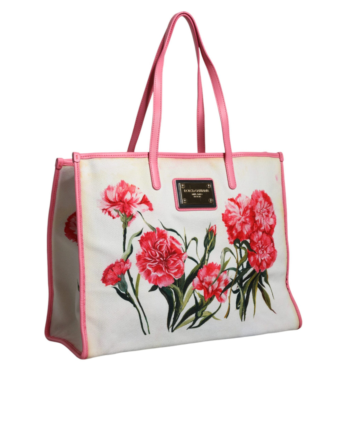 Dolce &amp; Gabbana White Canvas Rose Embroidery Women Shopping Tote Bag