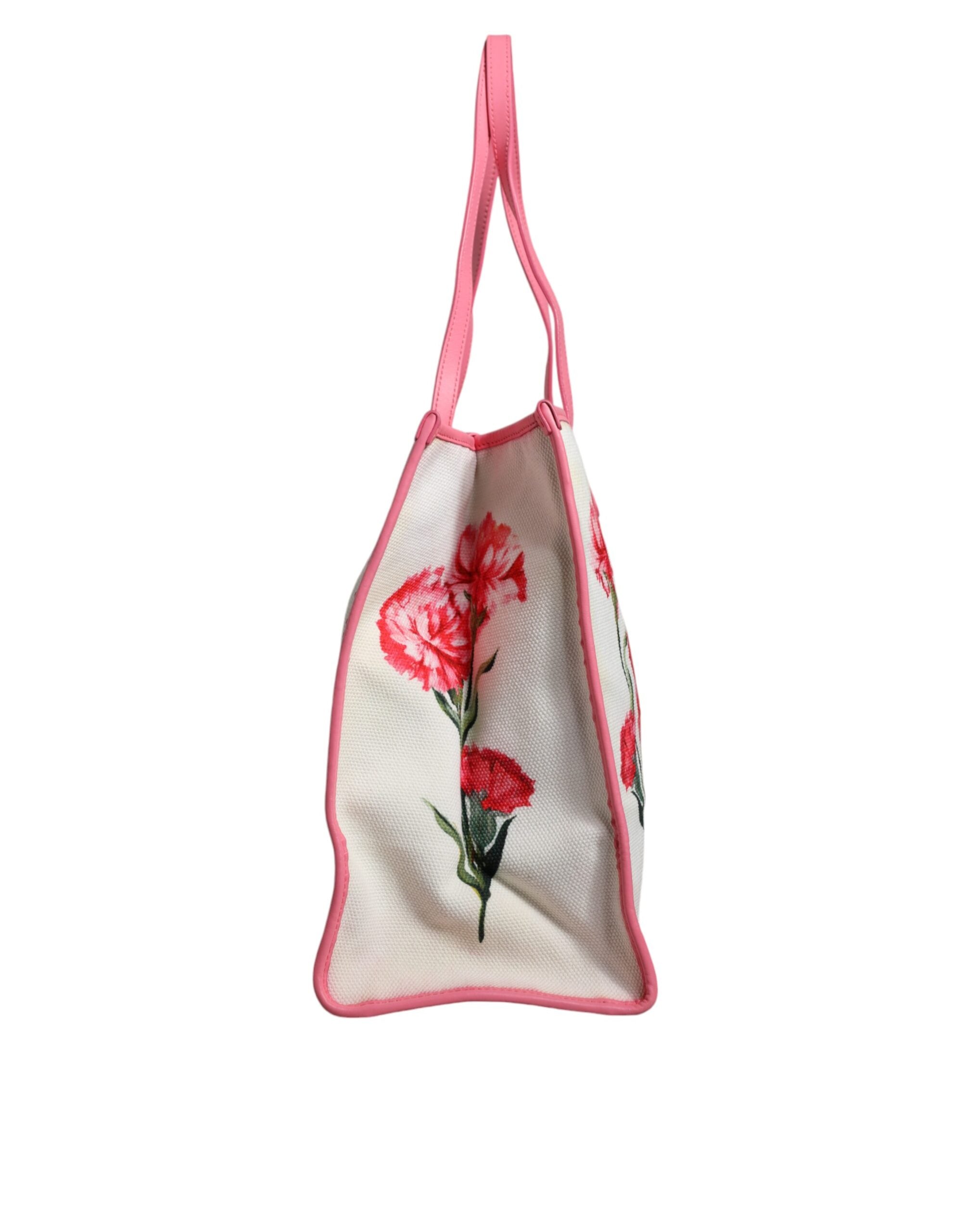 Dolce &amp; Gabbana White Canvas Rose Embroidery Women Shopping Tote Bag