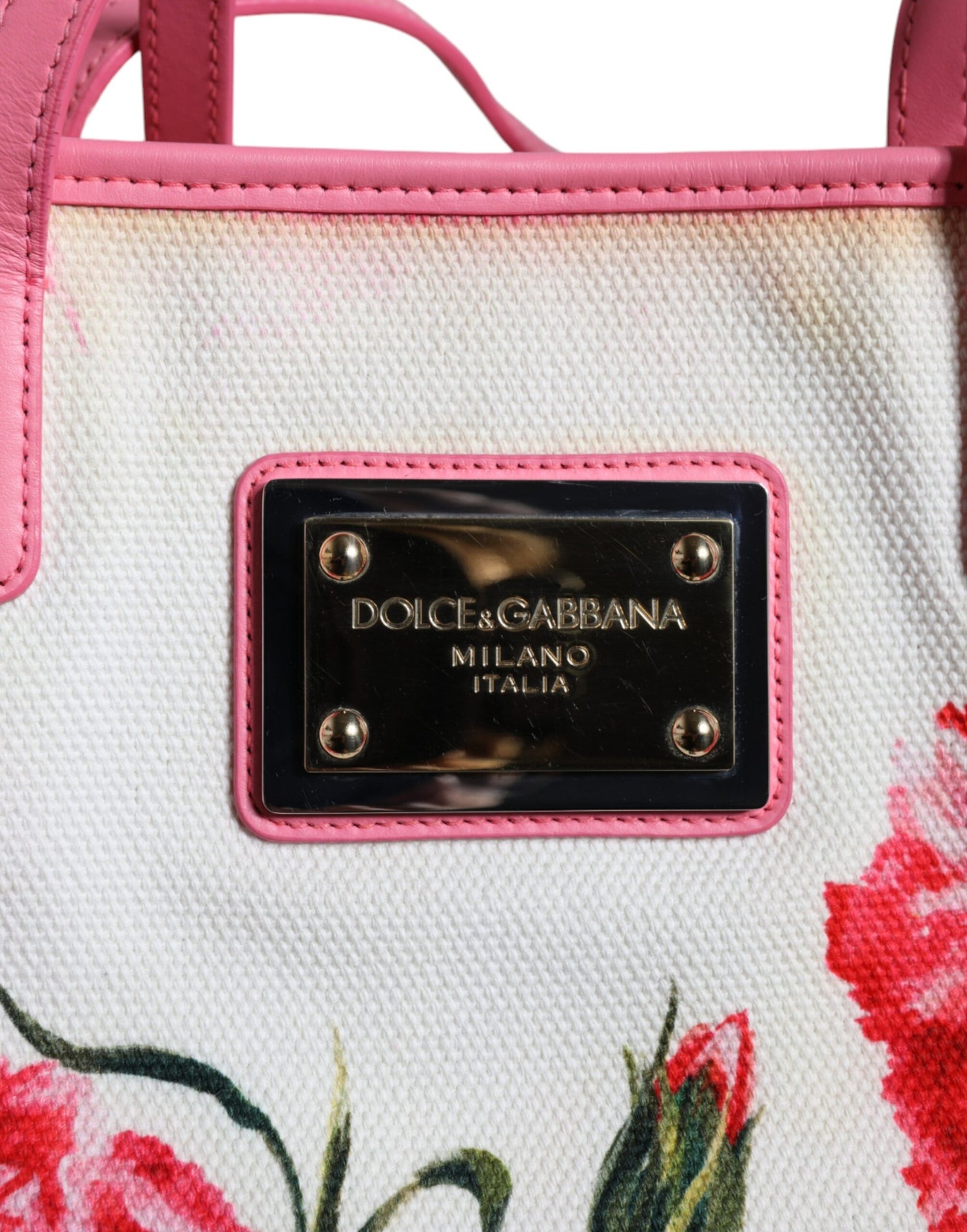 Dolce &amp; Gabbana White Canvas Rose Embroidery Women Shopping Tote Bag