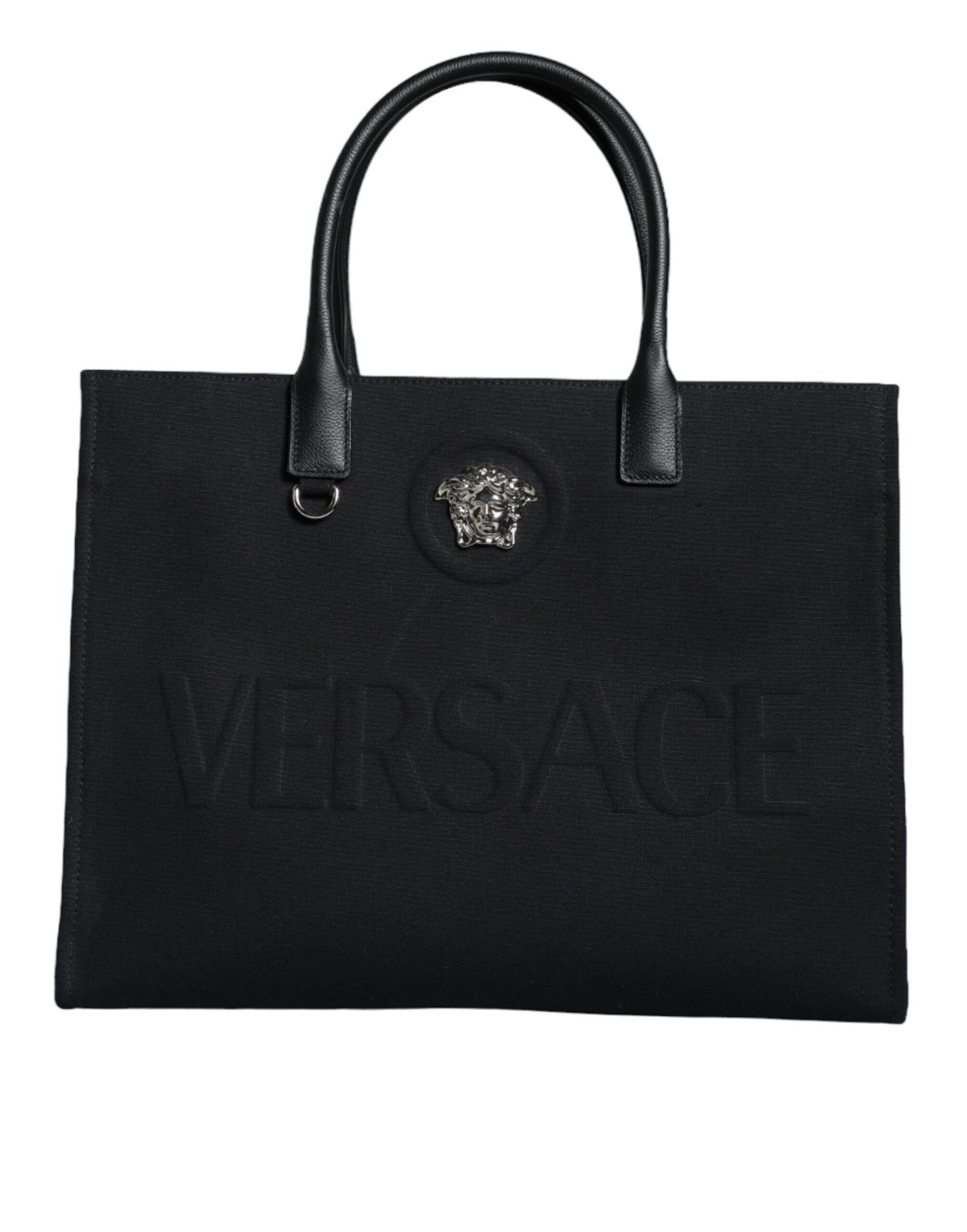 Versace Black Top Handle Canvas Leather Logo Shopping Tote Bag