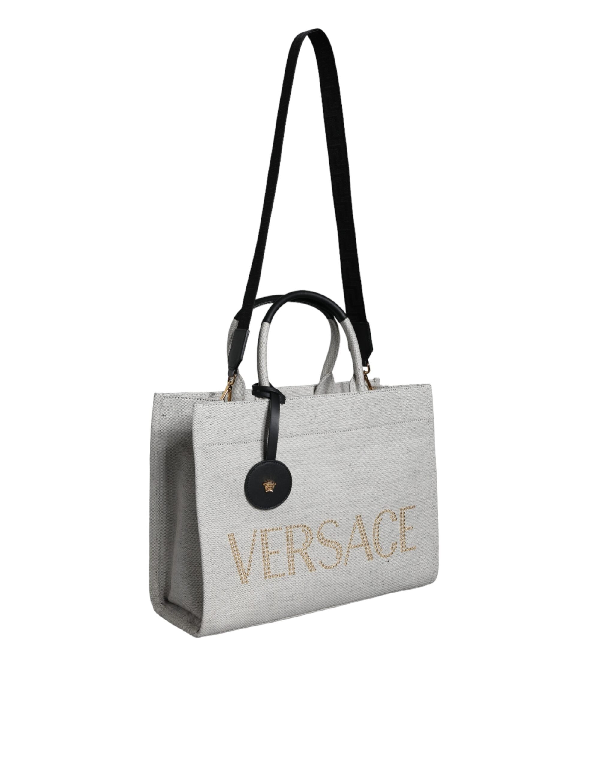 Versace White Top Handle Canvas Leather Logo Crossbody Tote Bag