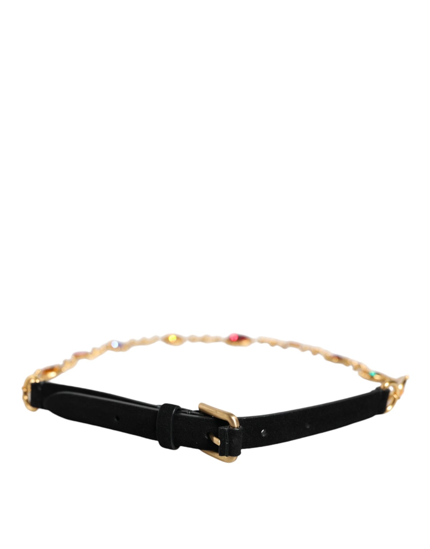 Dolce &amp; Gabbana Black Leather Gold Brass Crystal Chain Waist Belt